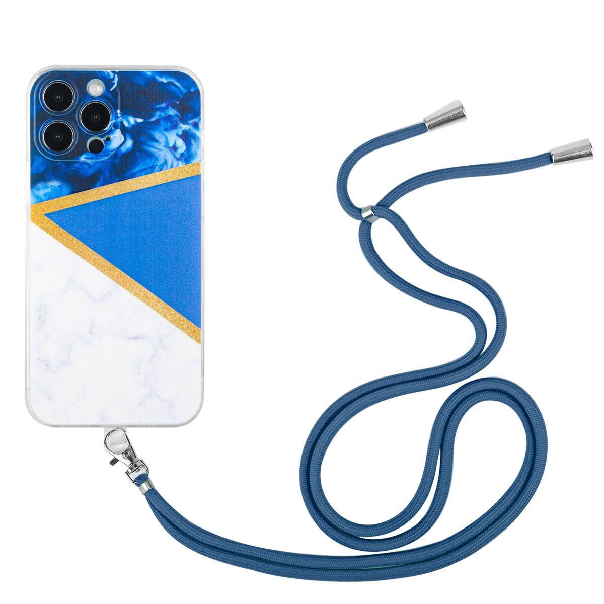Handyhülle mit abstraktem Design. Weiß, Blau und Gold sind die Farben. Ein Schlüsselband ist befestigt.