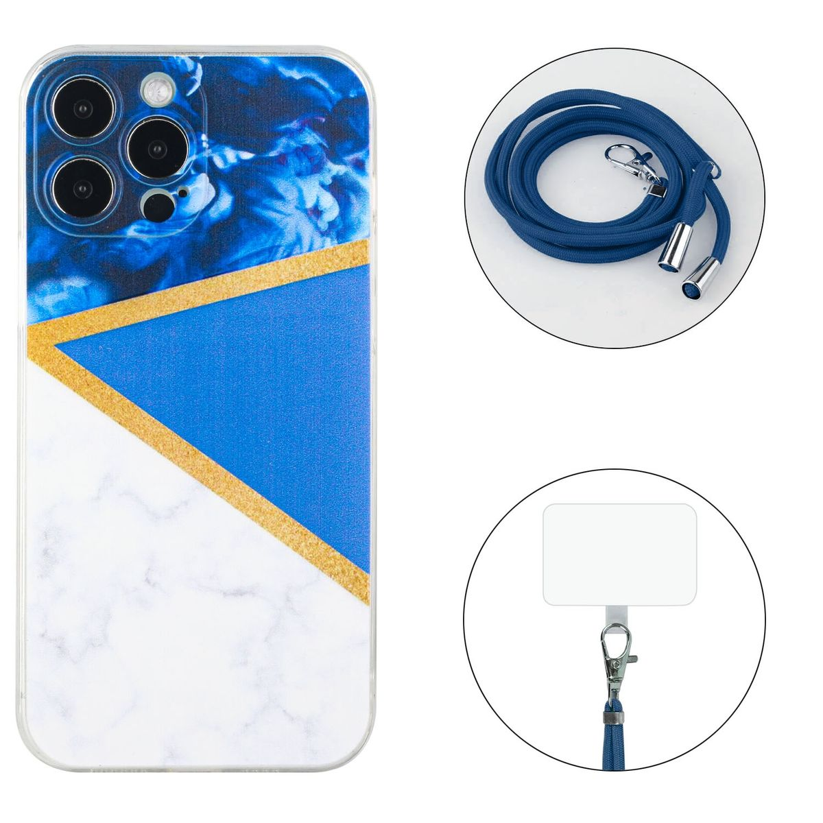 Handyhülle mit blauem und weißem Marmordesign. Es gibt ein blaues Schlüsselband und ein weißes Etikett.