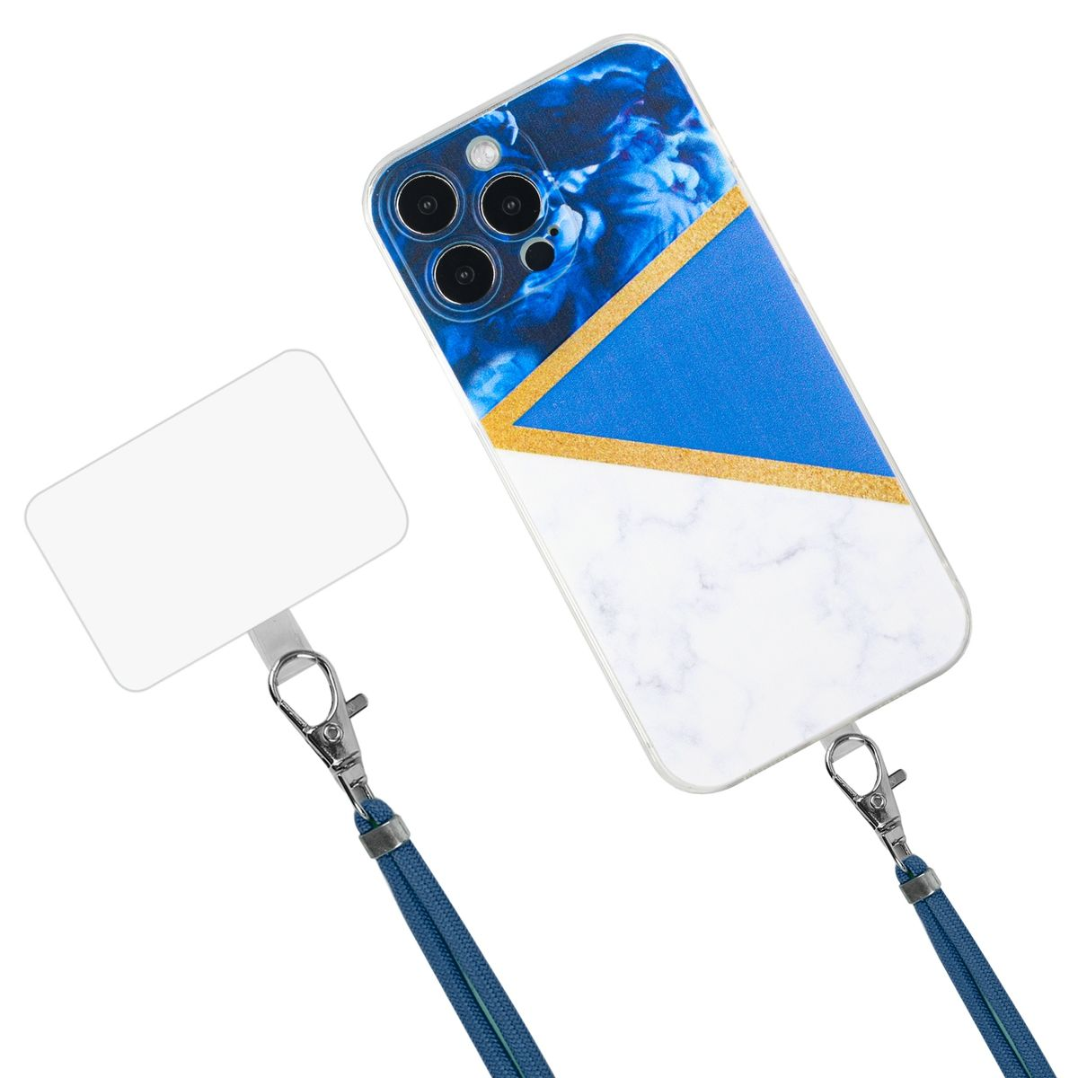 Handyhülle mit blau-weißem Design, mit einem Lanyard. Das Telefon ist innen.