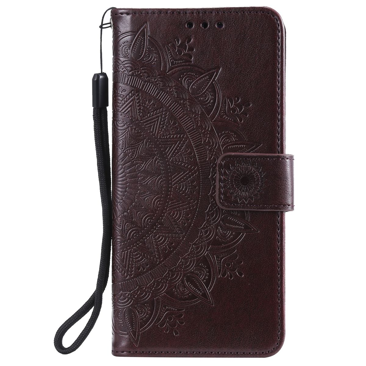 Braune Leder-Handyhülle mit Mandala-Muster und Handschlaufe. Die Hülle hat einen Magnetverschluss.