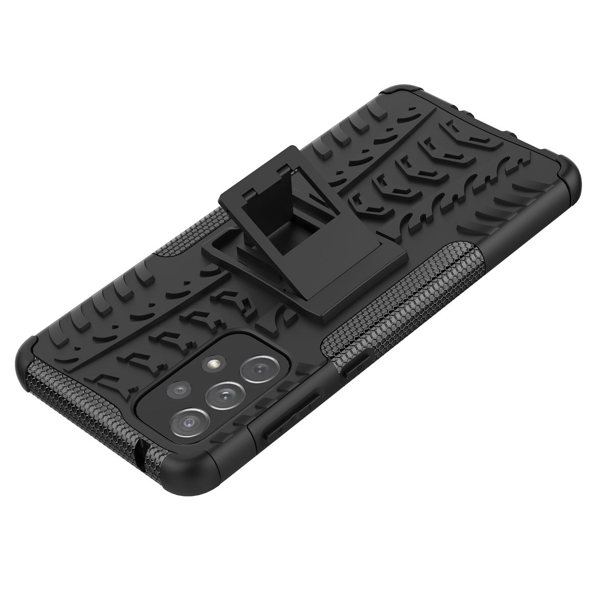 Schwarze Handyhülle mit Reifenprofil-Design und Ständer.