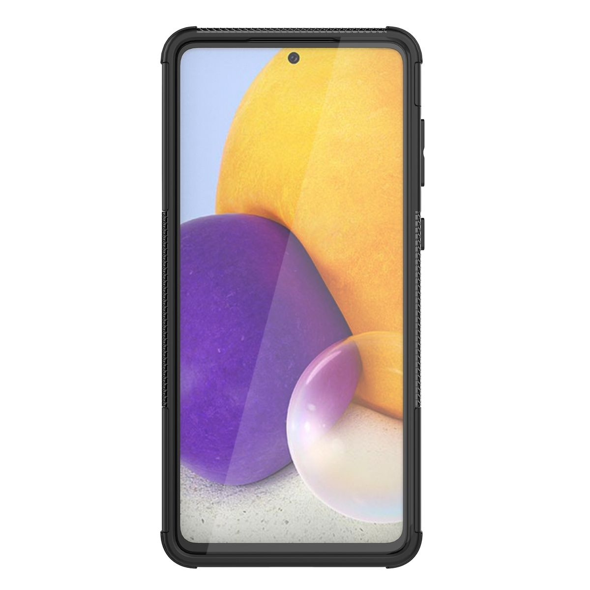 Ein Telefon in einer schwarzen Hülle. Der Bildschirm zeigt gelbe und violette Farben.