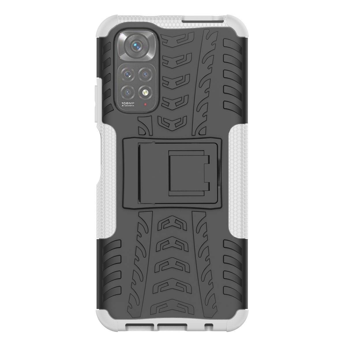 Handyhülle in Schwarz und Weiß. Telefon mit Kamera und Ständer. Weißer Hintergrund.