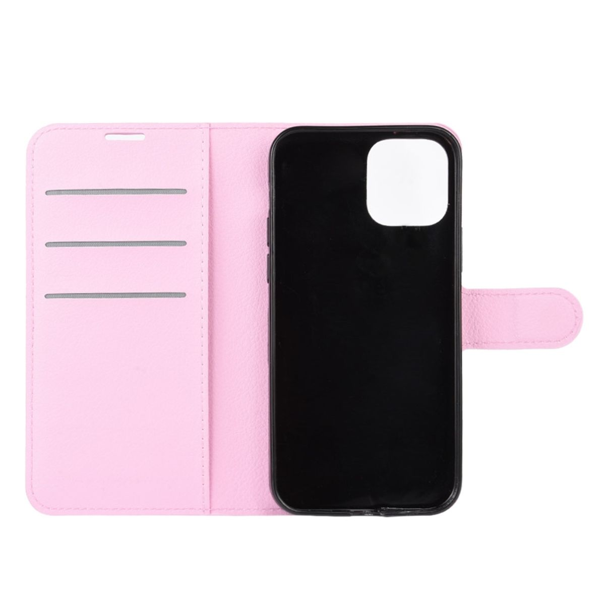 Rosa Handyhülle offen mit Karten und Telefon. Einfaches Design. Weißer Hintergrund.