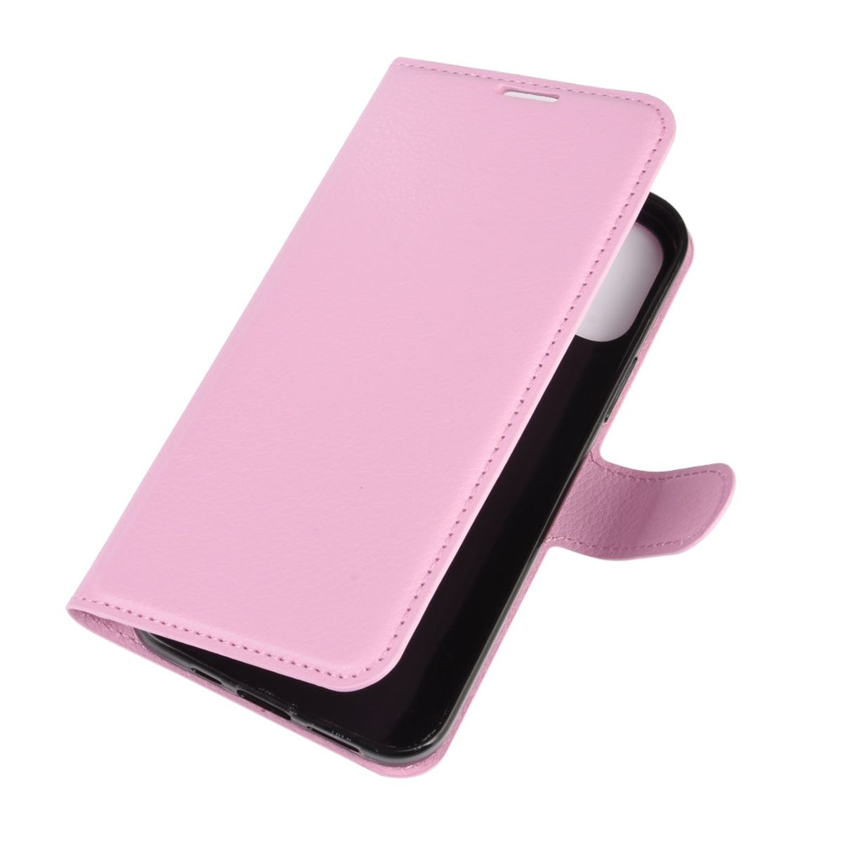 Rosa Leder-Handyhülle, geöffnet. Schwarzes Telefon innen. Weißer Hintergrund.