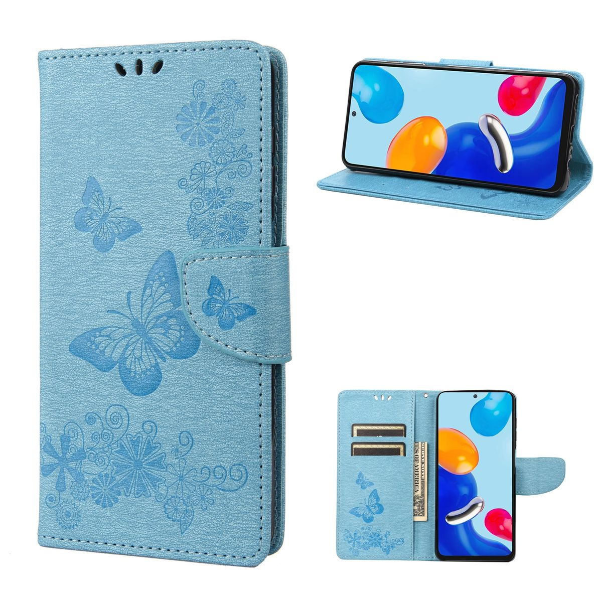 Hellblaue Handyhülle mit Schmetterlingsdesign. Verschiedene Ansichten zeigen die offene Hülle mit Telefon und Karten.