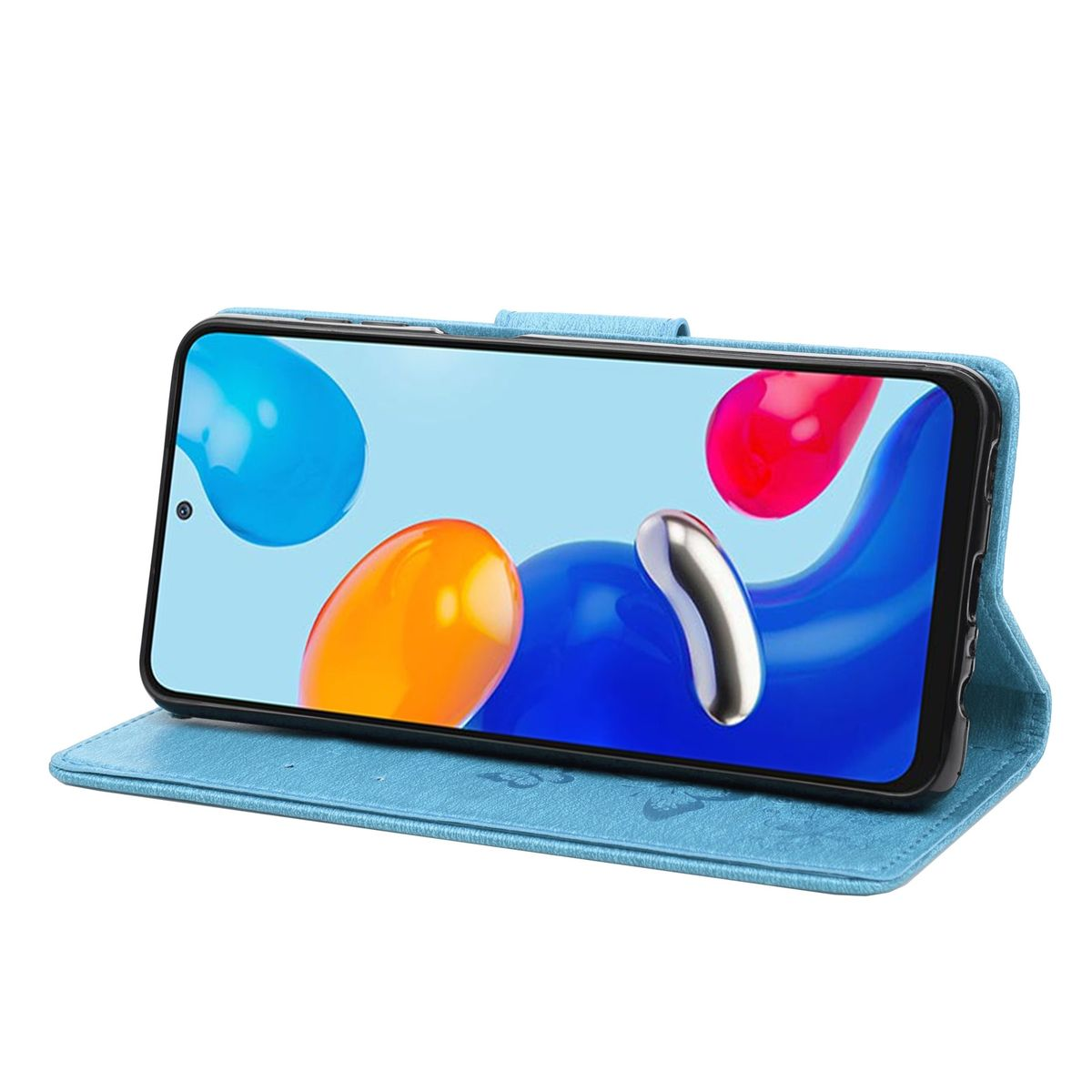 Blaue Handyhülle mit Telefon, das einen farbenfrohen, abstrakten Hintergrund zeigt. Die Hülle ist offen.