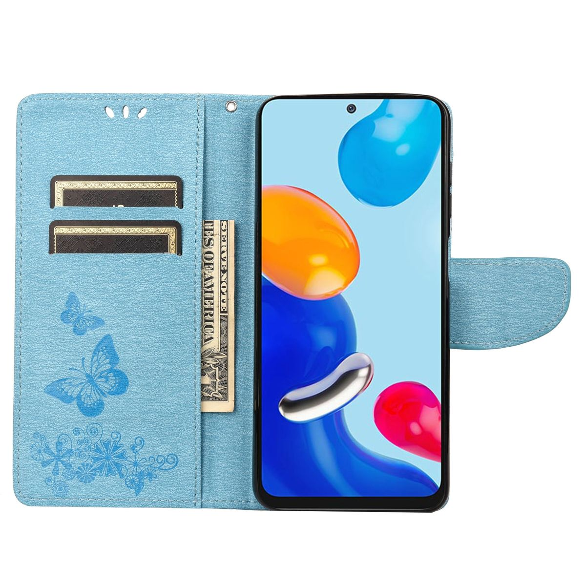 Blaue Telefonhülle offen, mit Geld und Karten, Telefon sichtbar. Verziert mit Schmetterlingen und Blumen.