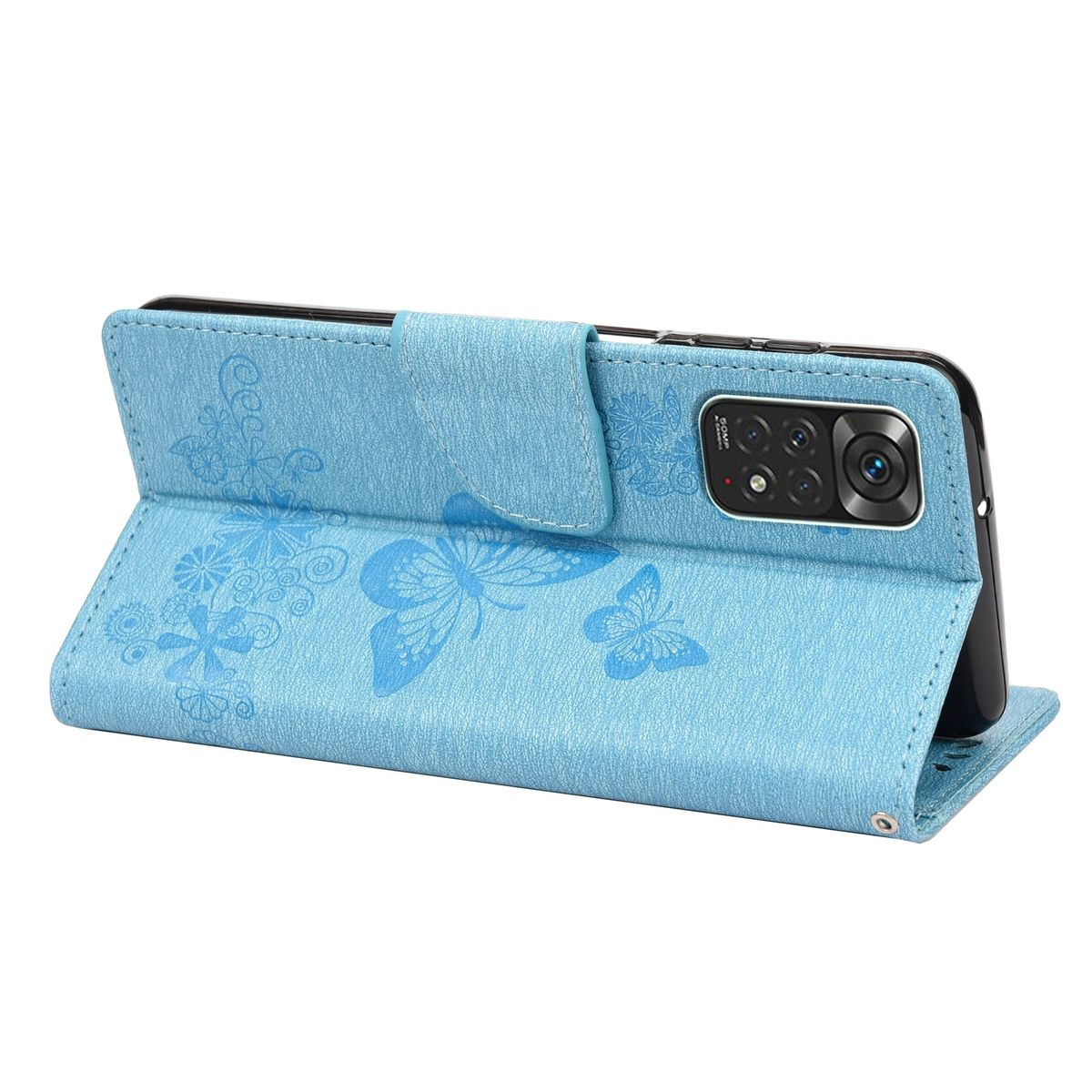 Blaue Handyhülle offen mit Schmetterlings- und Blumendesign. Das Telefon ist in der Hülle und hat einen Kameraausschnitt.
