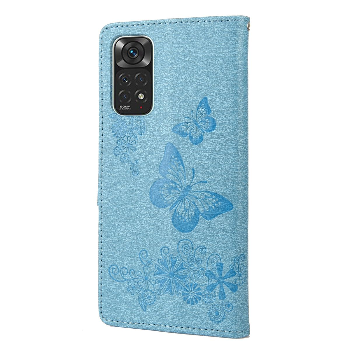 Blaue Handyhülle mit Schmetterling- und Blumendesign. Die Hülle ist geschlossen, zeigt das Design.