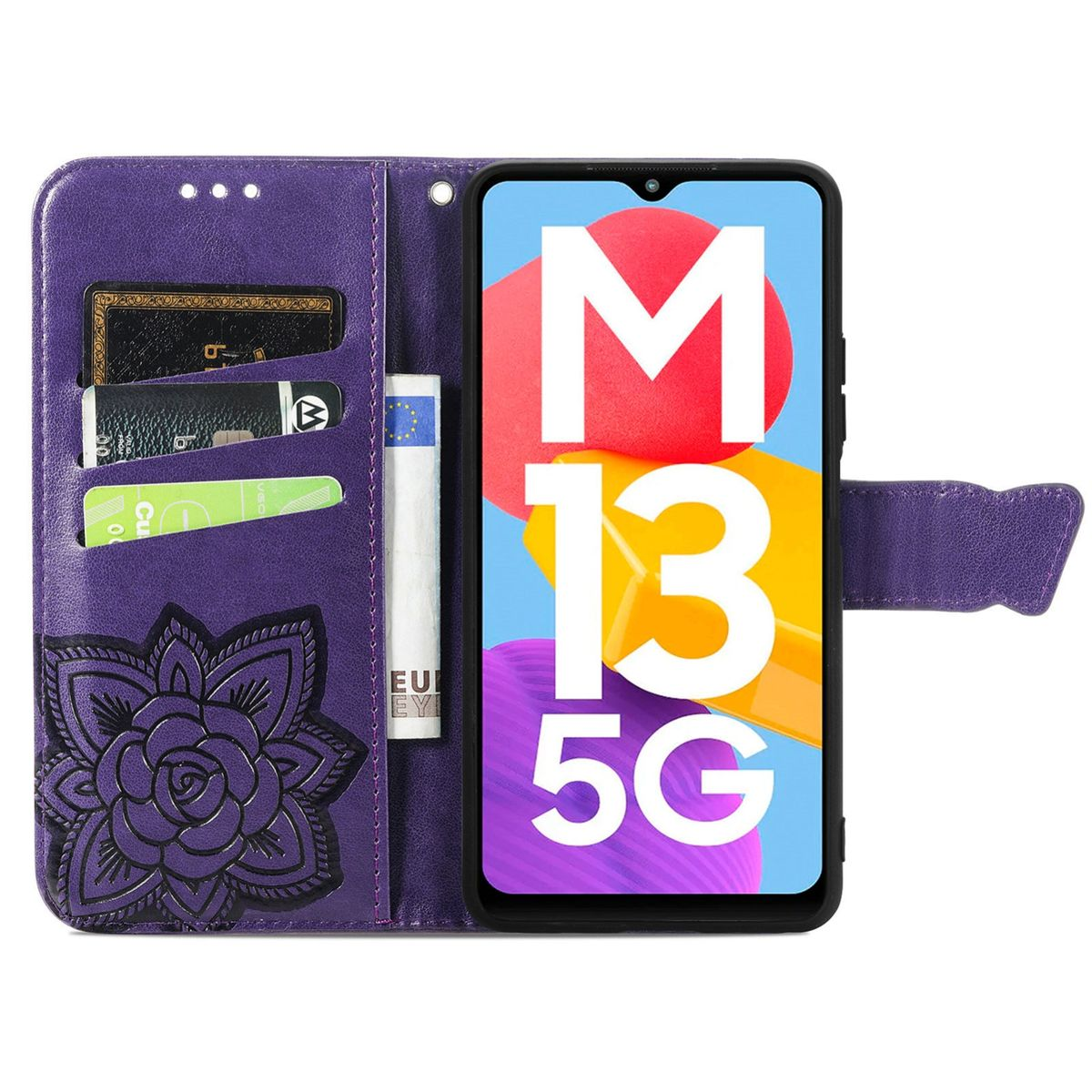 Lila Handyhülle mit Blumenmuster. Telefon zeigt 'M13 5G' auf buntem Hintergrund.