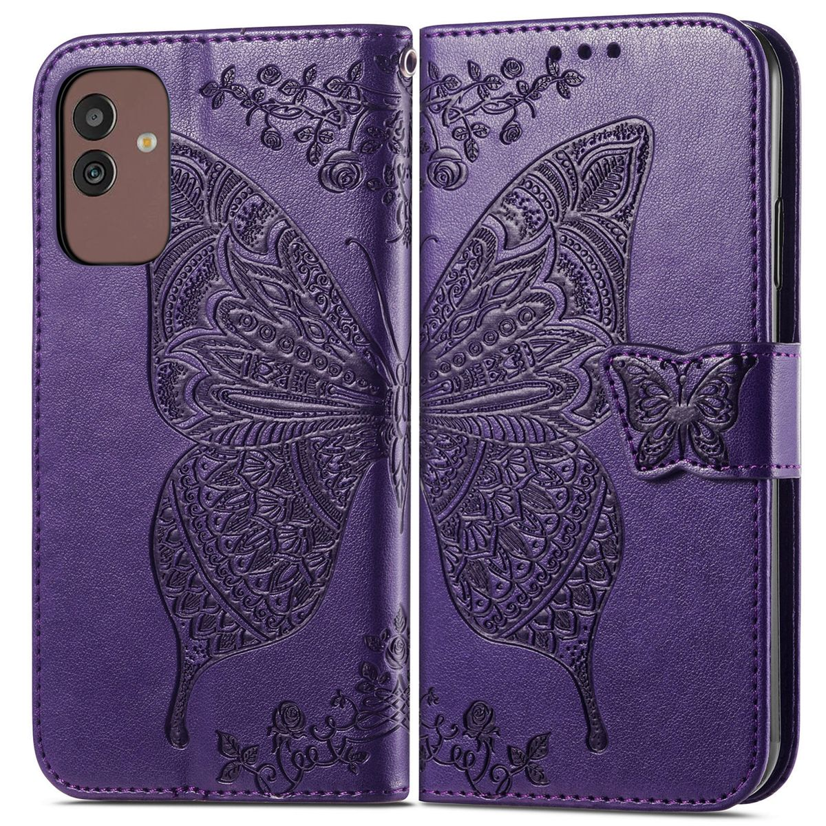 Lila Handyhülle offen, mit geprägtem Schmetterling. Telefon innen. Hintergrund weiß.