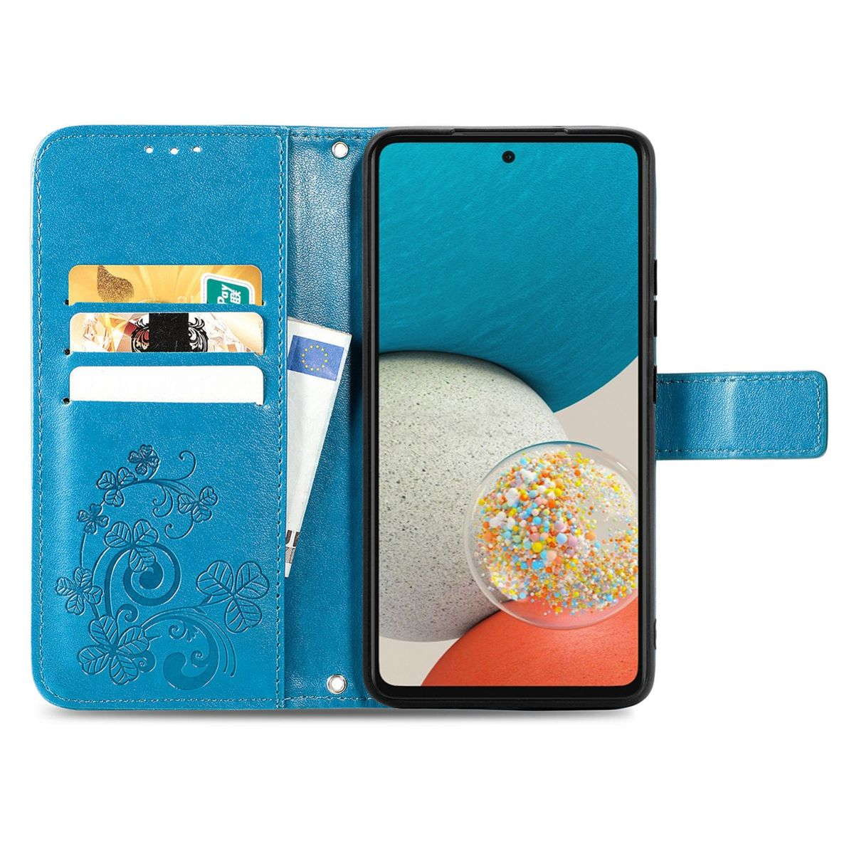 Blaue Handyhülle offen mit Karten und Telefon. Verziert mit Blumendesign und einem Stift darin.