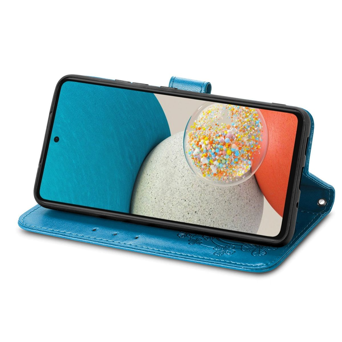 Blaue Handyhülle offen, ein Telefon zeigend. Der Bildschirm zeigt farbenfrohe abstrakte Kunst.