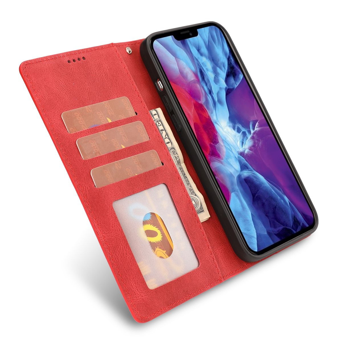 Rote Geldbörsen-Handyhülle offen, mit Karten, Geld und Telefon im Inneren. Roter Innenraum.