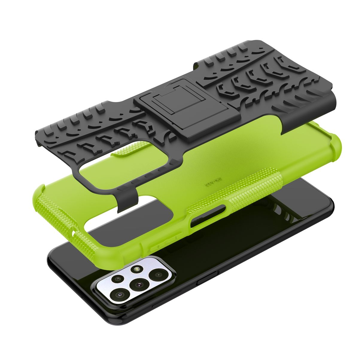 Mehrschichtiges Handycase, schwarze Oberseite, grüne Mitte, schwarze Unterseite. Weißer Hintergrund.