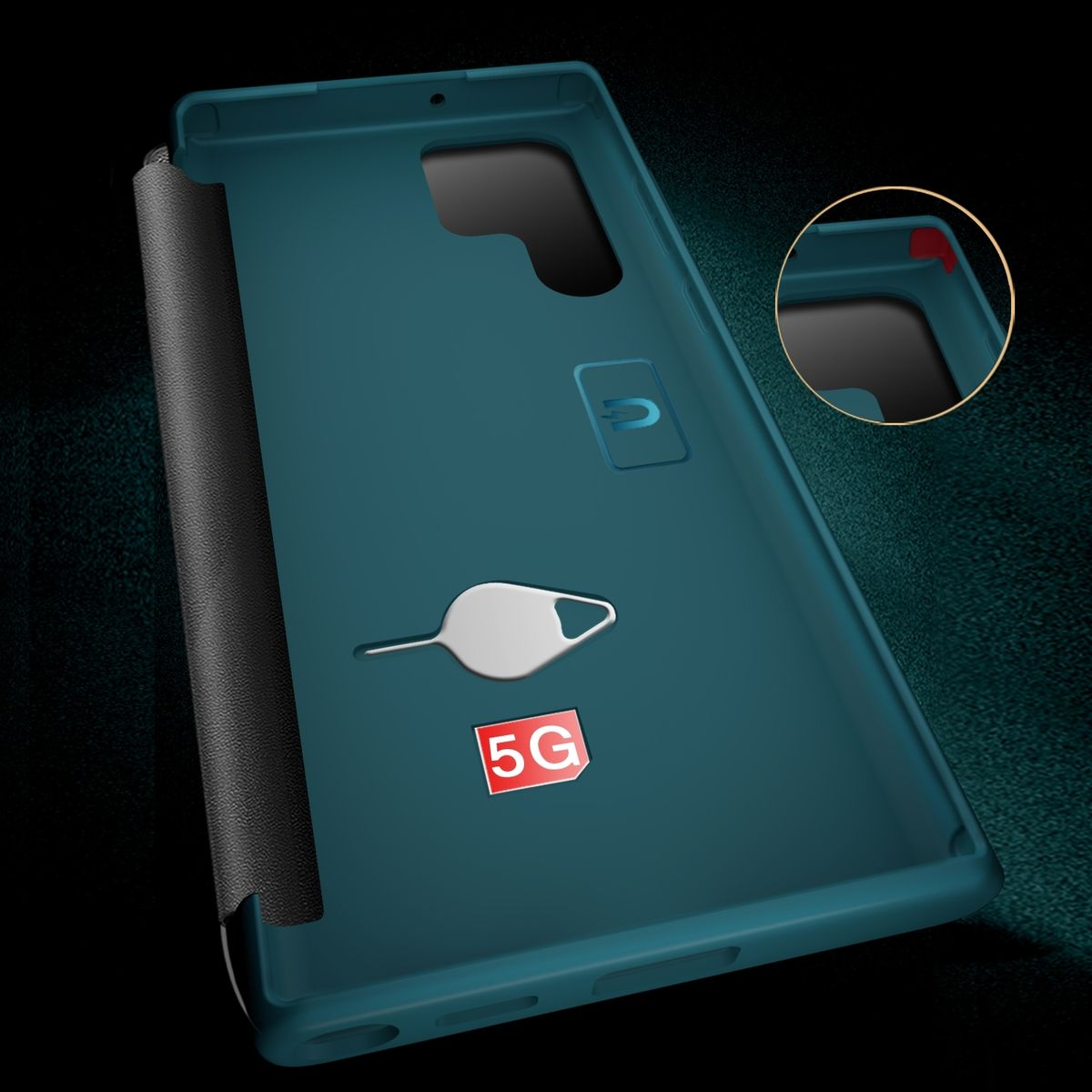 Türkisfarbene Handyhülle mit 5G-Etikett und SIM-Kartenwerkzeug. Die Hülle ist offen.