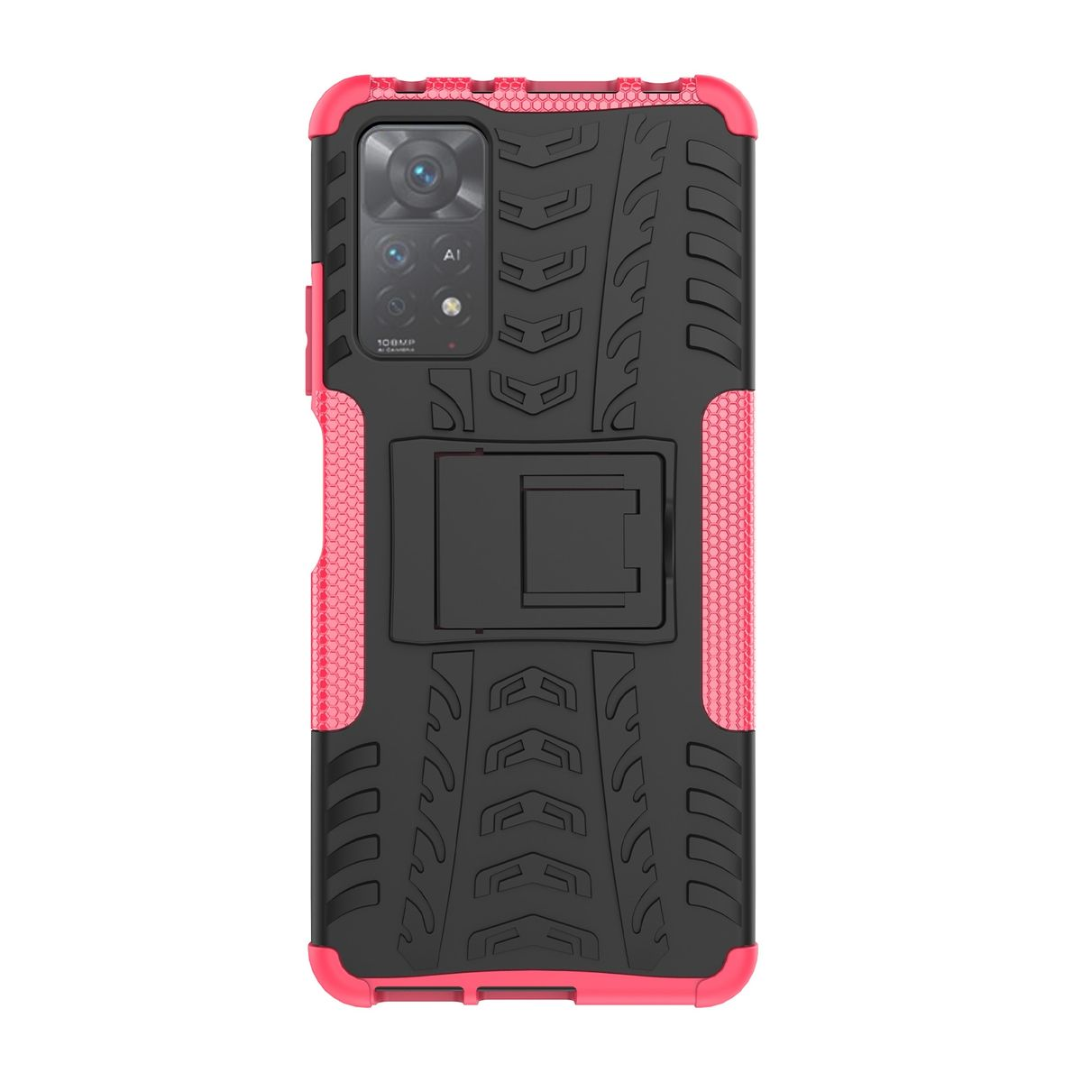 Rote und schwarze Handyhülle mit Handy. Die Hülle hat einen Ständer.