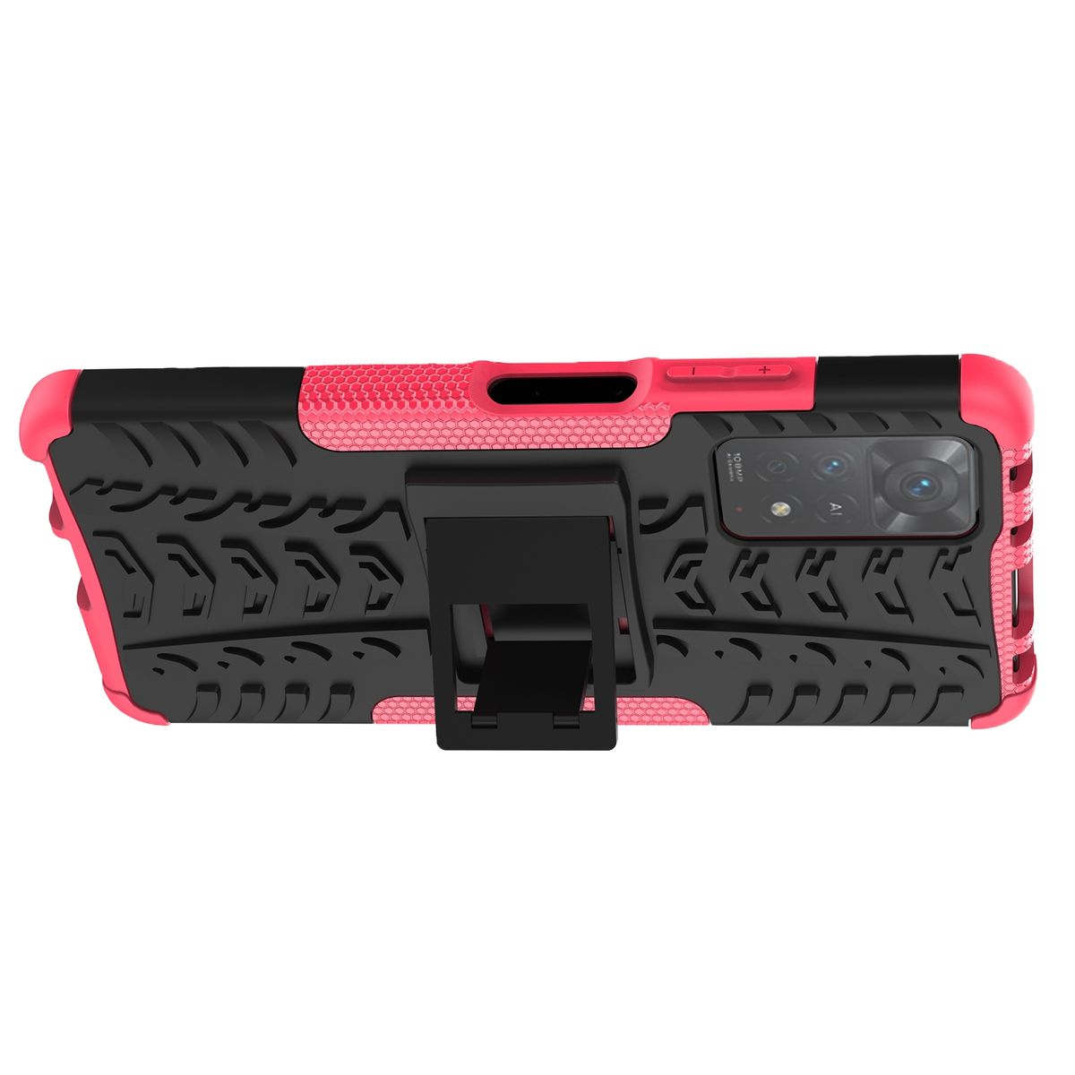Schwarze und pinkfarbene Handyhülle mit Ständer. Reifenprofil-Design auf der Rückseite.