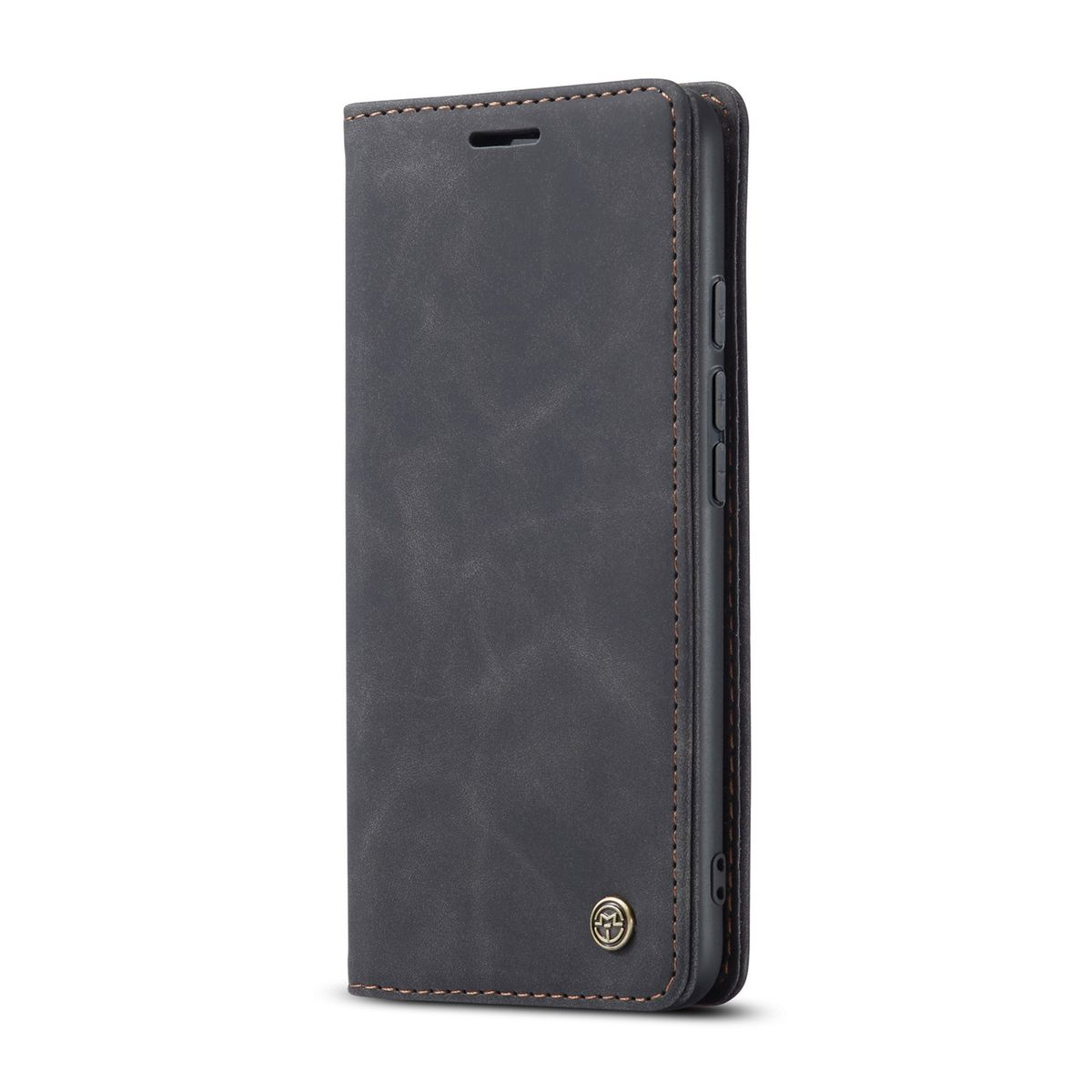 Eine dunkelgraue Handyhülle. Es ist eine Brieftaschen-Hülle mit braunem, abgestepptem Rand.