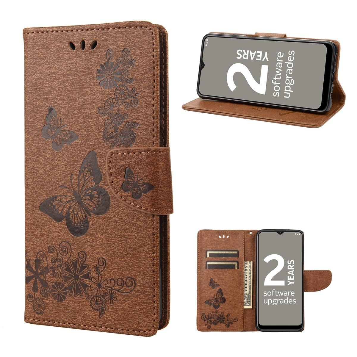 Braune Handyhülle mit Schmetterlingsdesign. Telefon zeigt Text, zwei Jahre Software-Upgrades.