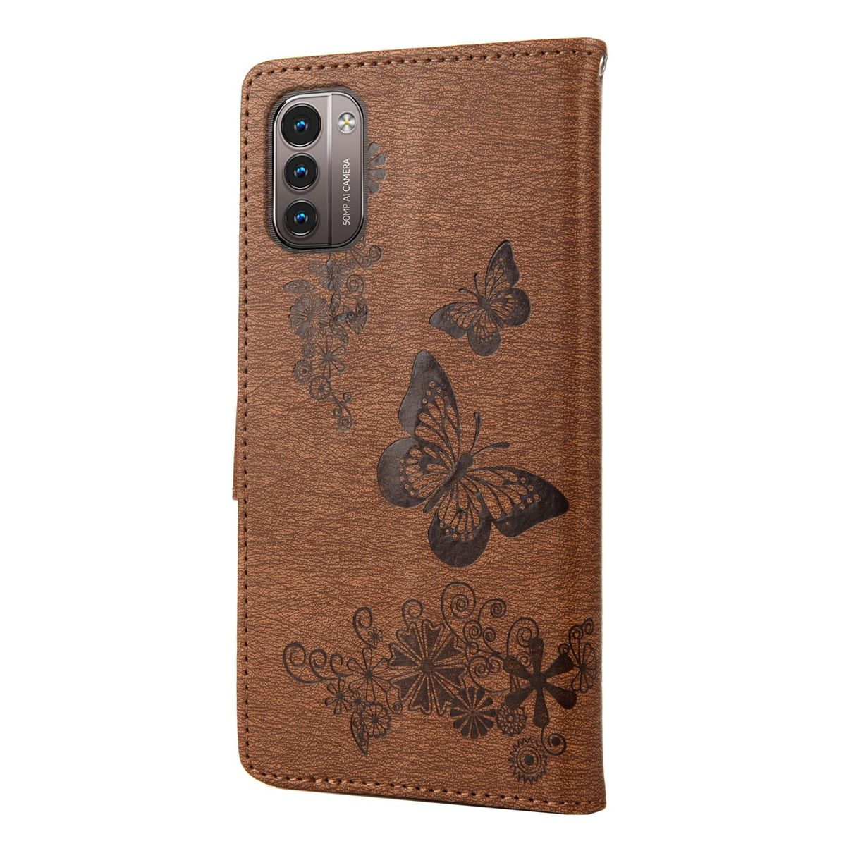 Braune Handyhülle mit Schmetterlingsmustern. Telefon innen, mit drei Kameras sichtbar.