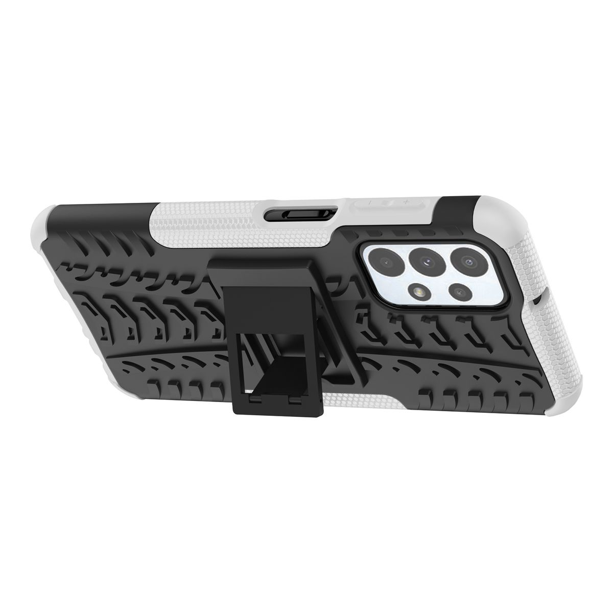 Schwarz-weißes Handycase mit Ständer. Die Rückseite hat ein Reifenprofil.
