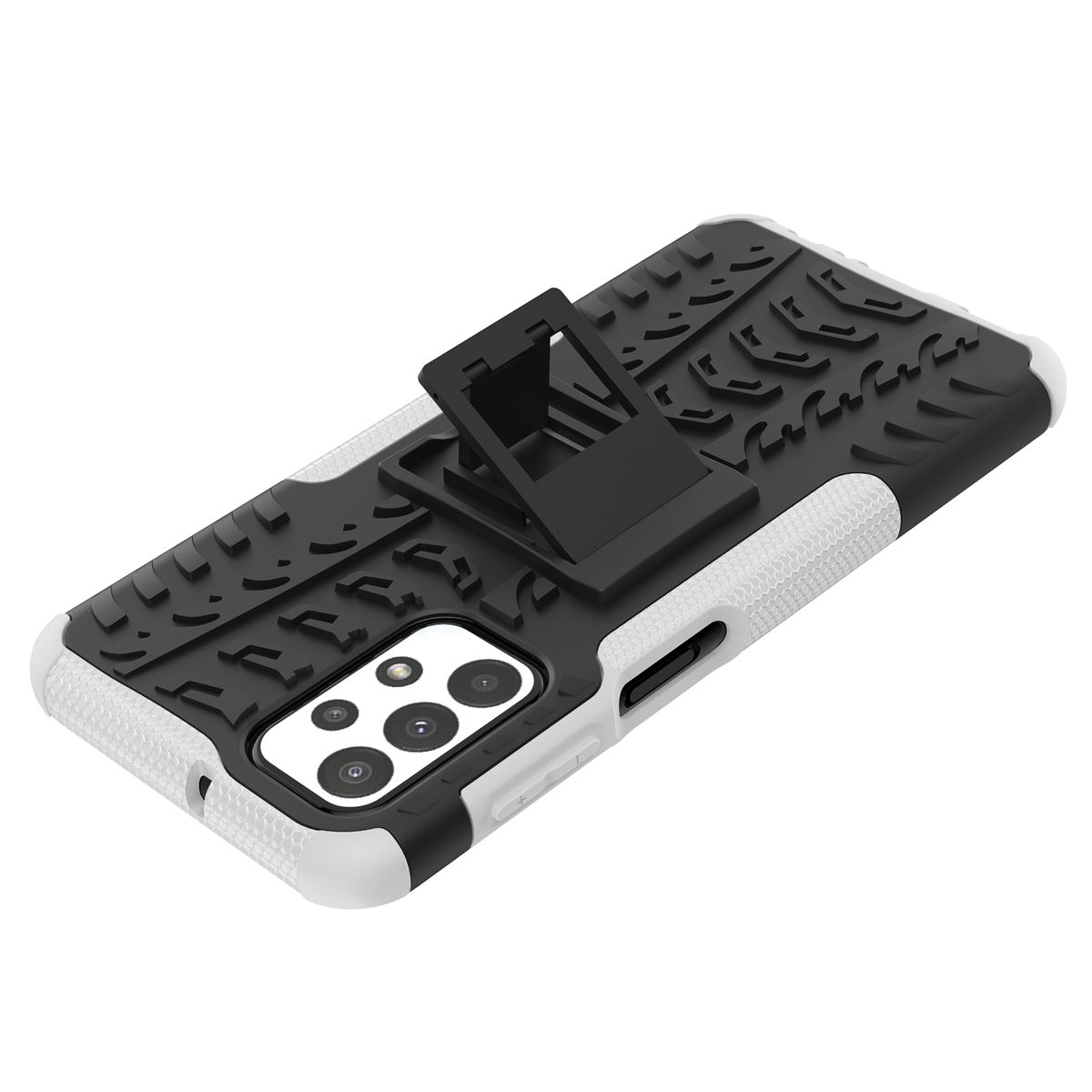 Weiß-schwarze Handyhülle auf dem Telefon. Die Hülle hat einen Ständer.