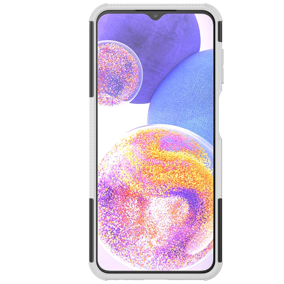 Eine weiße Handyhülle mit einem Telefon darin. Der Bildschirm zeigt ein farbenfrohes abstraktes Design.