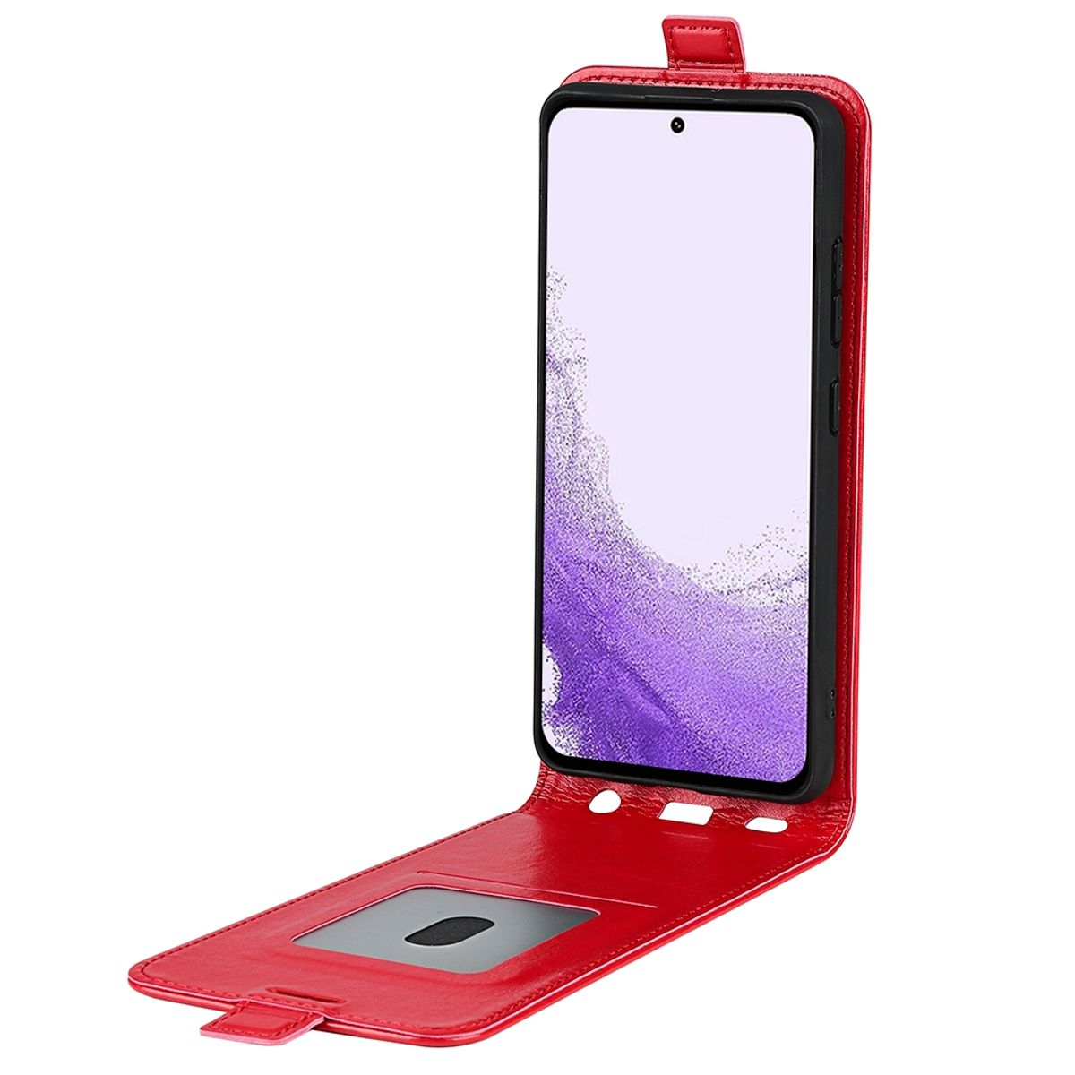 Rotes Handy-Case, geöffnet, mit weißem Bildschirm. Telefon ist aufrecht, mit Fenster.