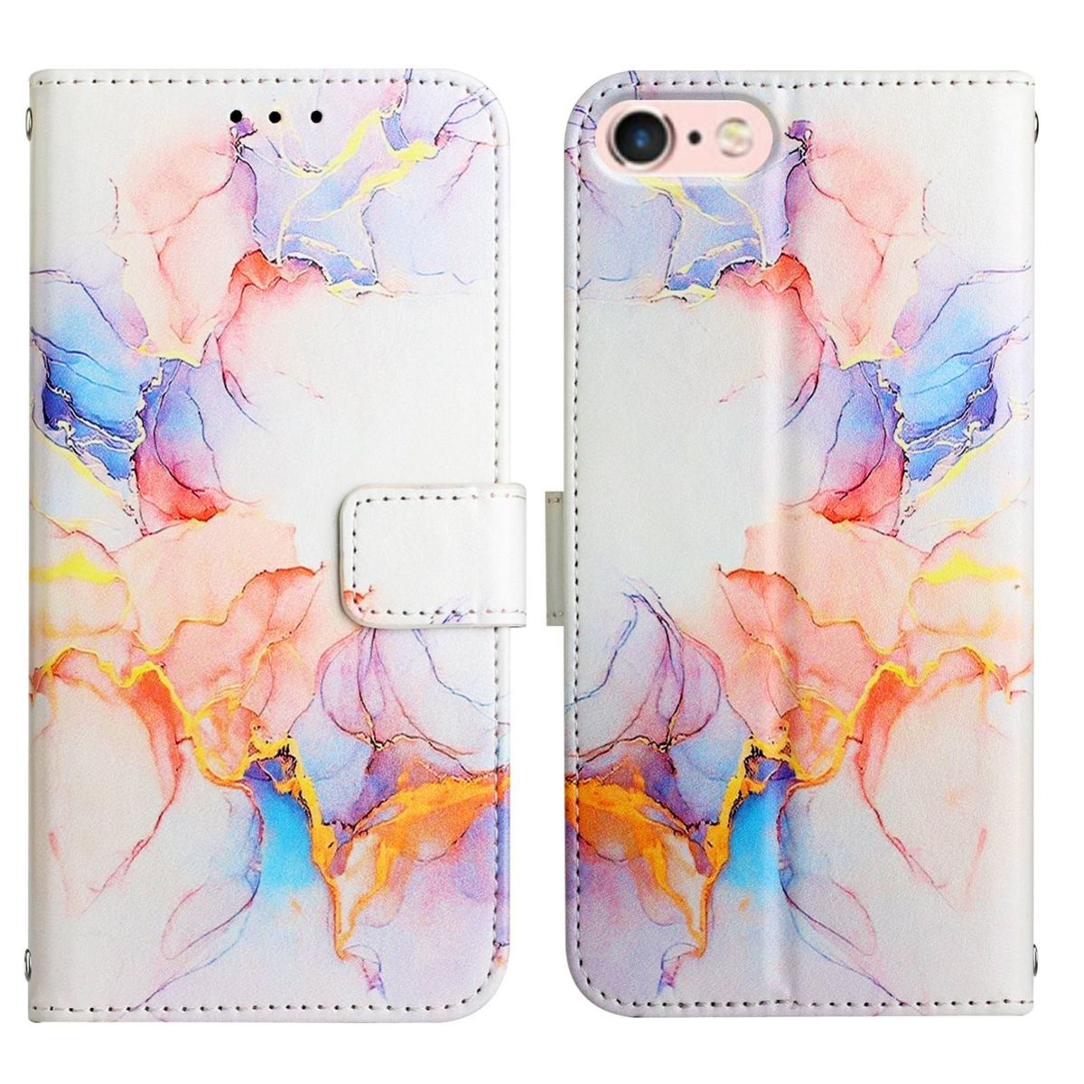 Offene Handyhülle mit einem Telefon darin. Die Hülle hat ein abstraktes, farbenfrohes Design.