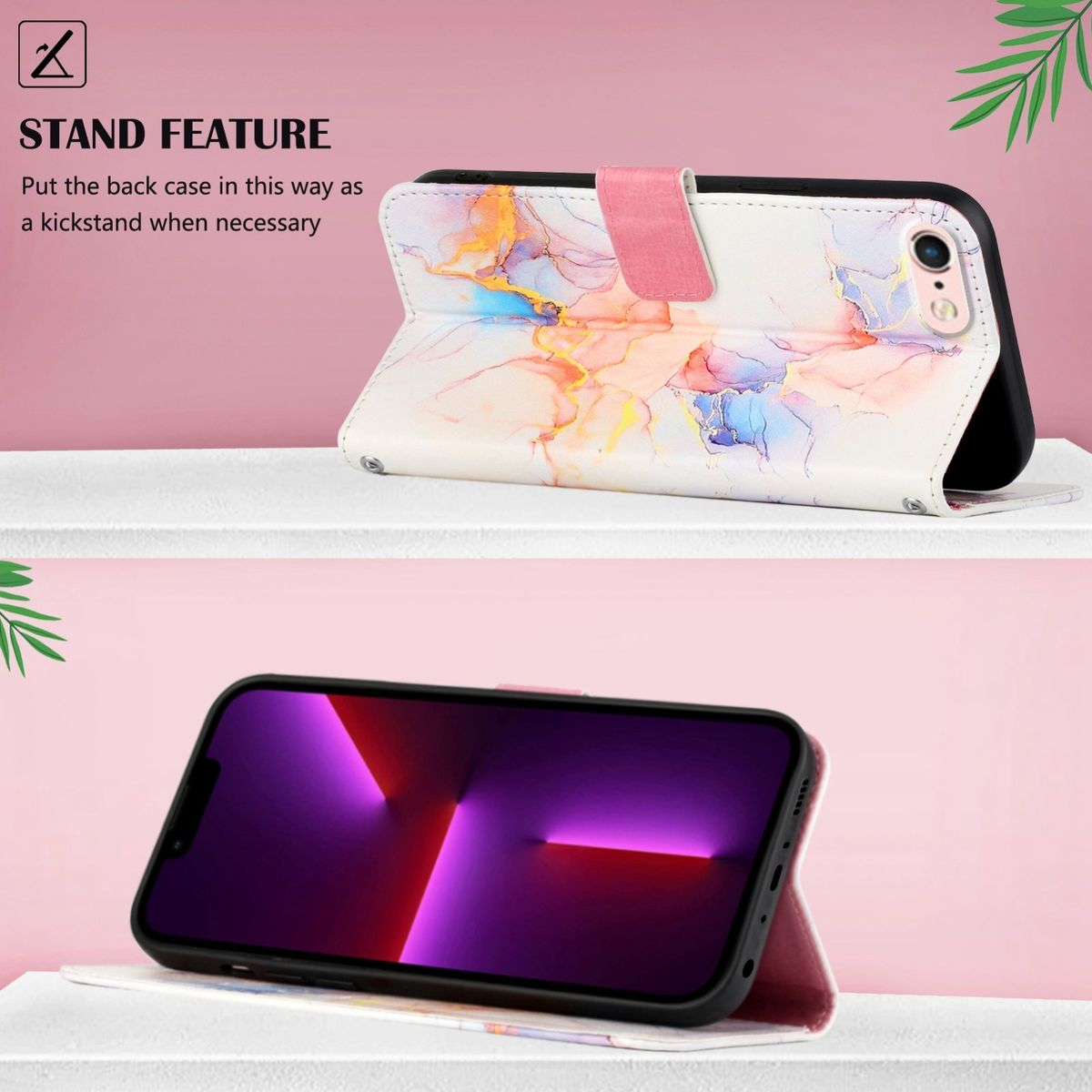 Handyhülle mit Standfunktion, die ein aufgestelltes Telefon zeigt, mit einem farbenfrohen Marmordesign auf der Rückseite.