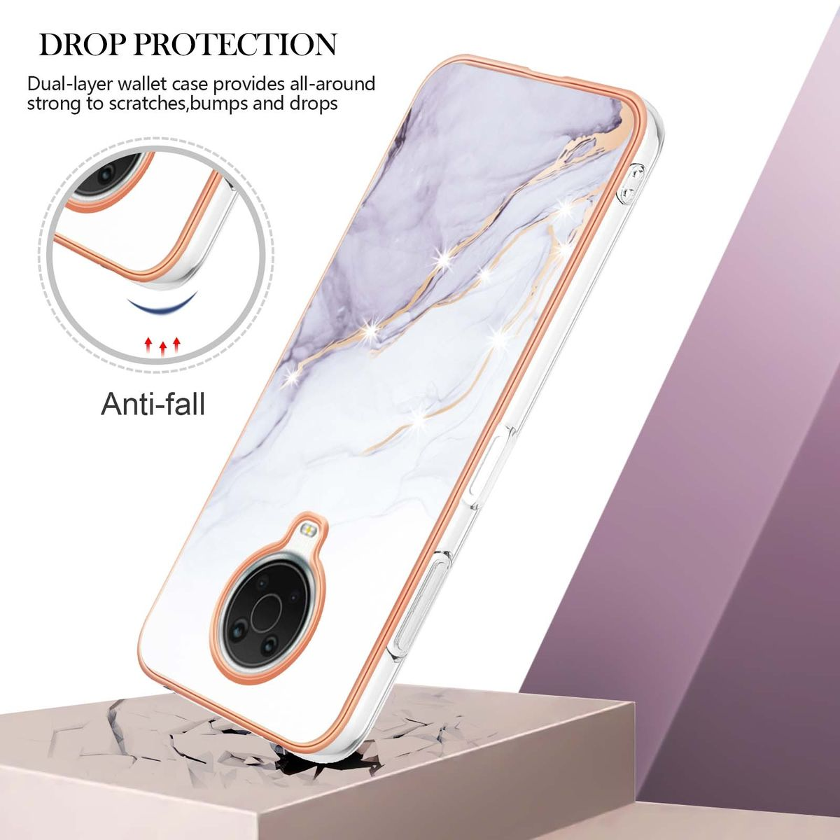 Handyhülle mit weißem und Marmordesign. Ein Telefon ist innen. Rosa Hintergrund.
