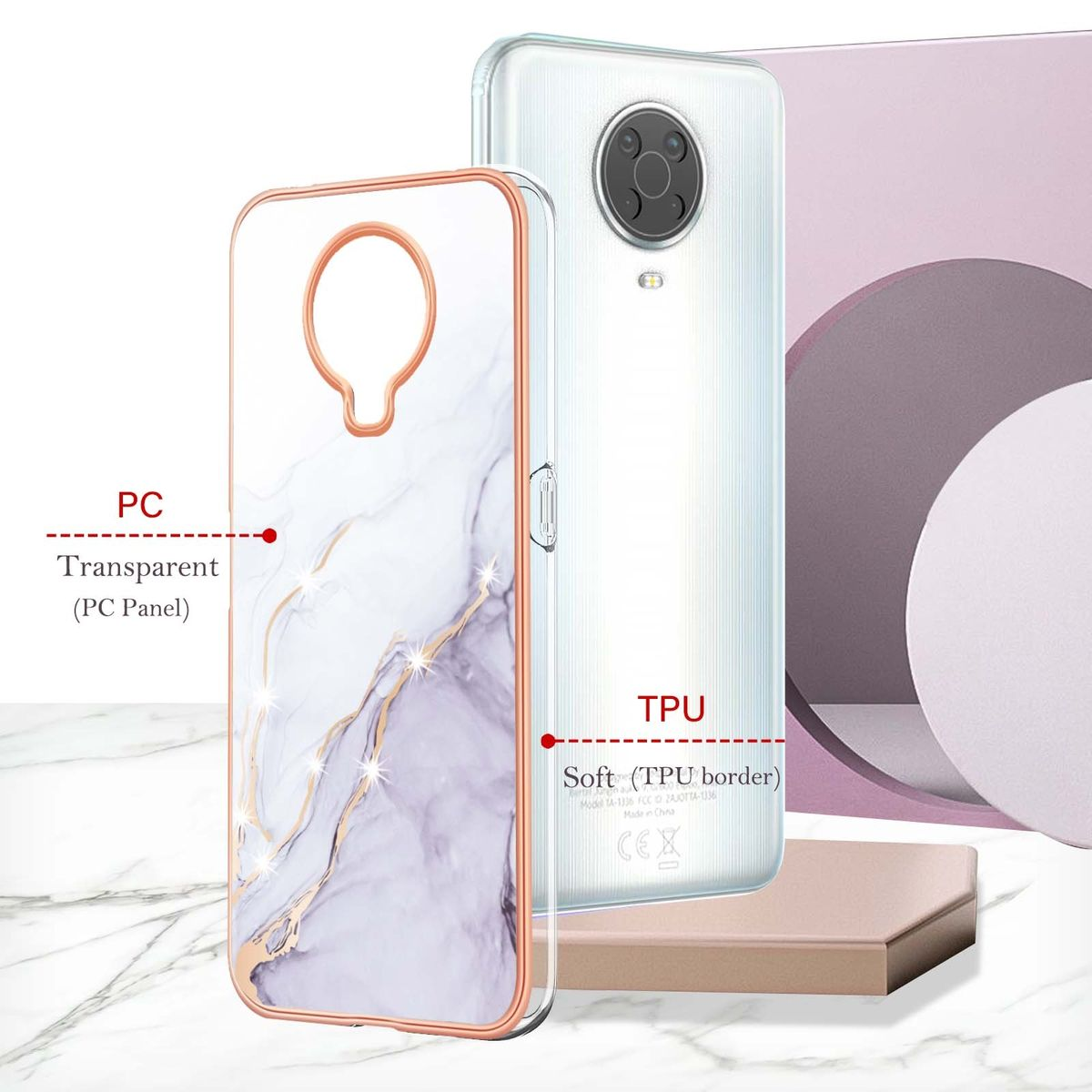 Handyhülle mit transparentem Rücken und Marmormuster. Ein weißes Telefon daneben.