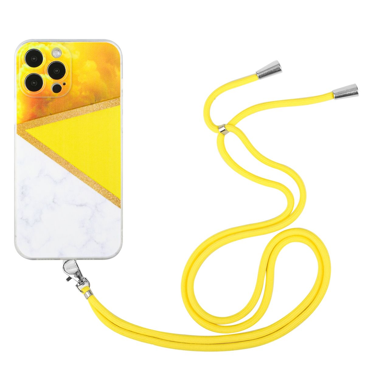 Gelbe Handyhülle mit Schlüsselband. Telefon ist innen mit weißem und goldenem Design.