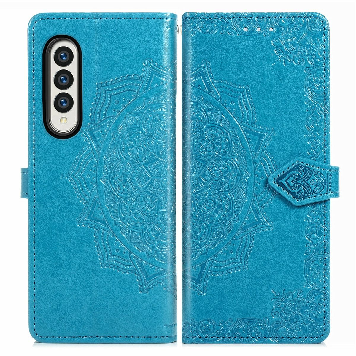 Blaue Handyhülle mit Verzierungen, offen mit Telefon innen.