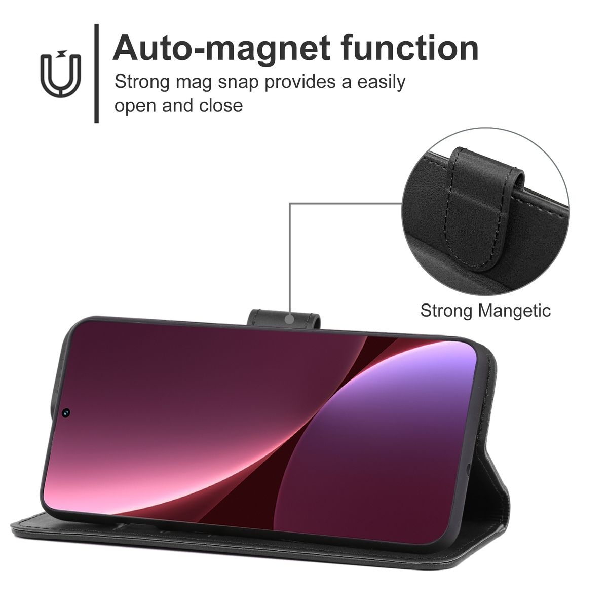 Schwarze Handyhülle offen, hält ein Telefon. Der Telefonbildschirm zeigt eine lila Farbe.