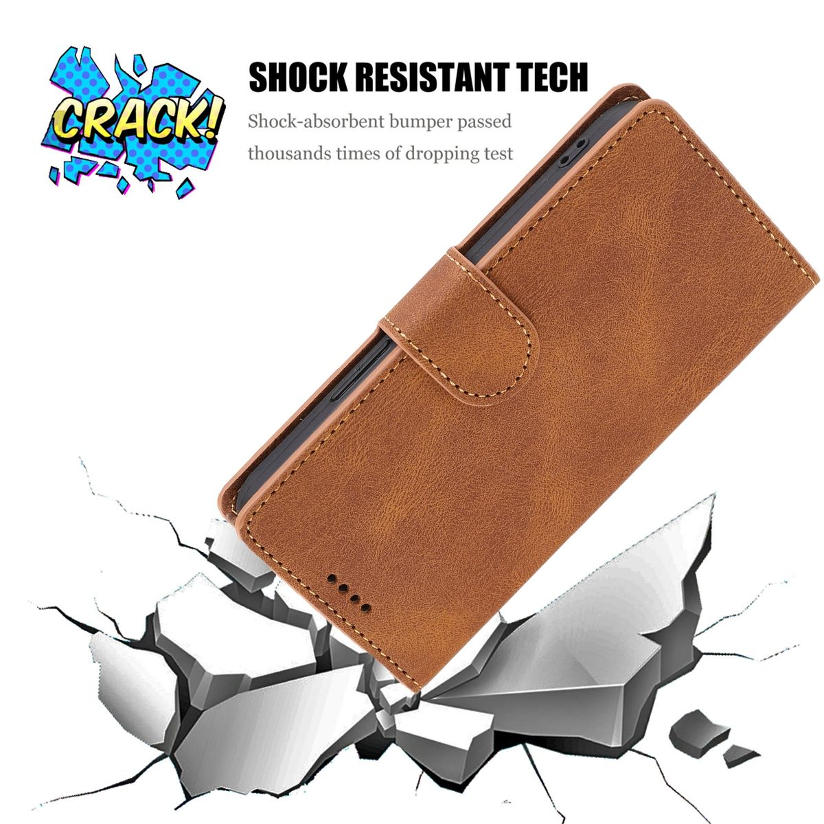 Braune Handyhülle auf einer rissigen Oberfläche mit Text: Shock Resistant Tech und Crack!