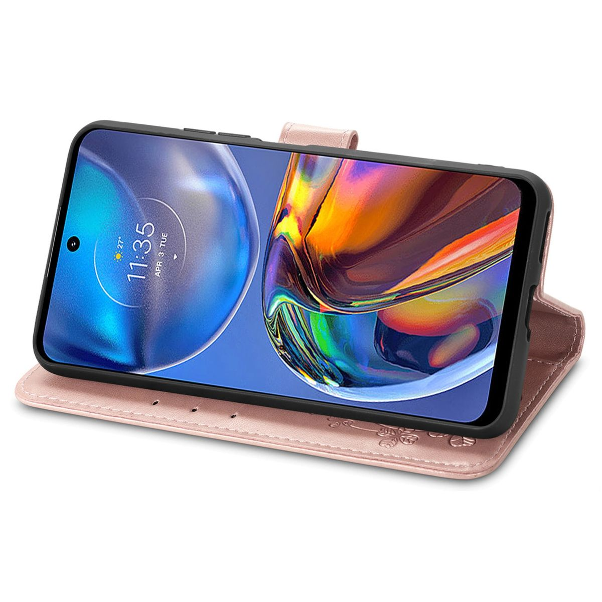 Rosa Handyhülle, offen mit Telefon darin. Das Telefon zeigt eine Uhr und blaue und gelbe Grafiken. Weißer Hintergrund.