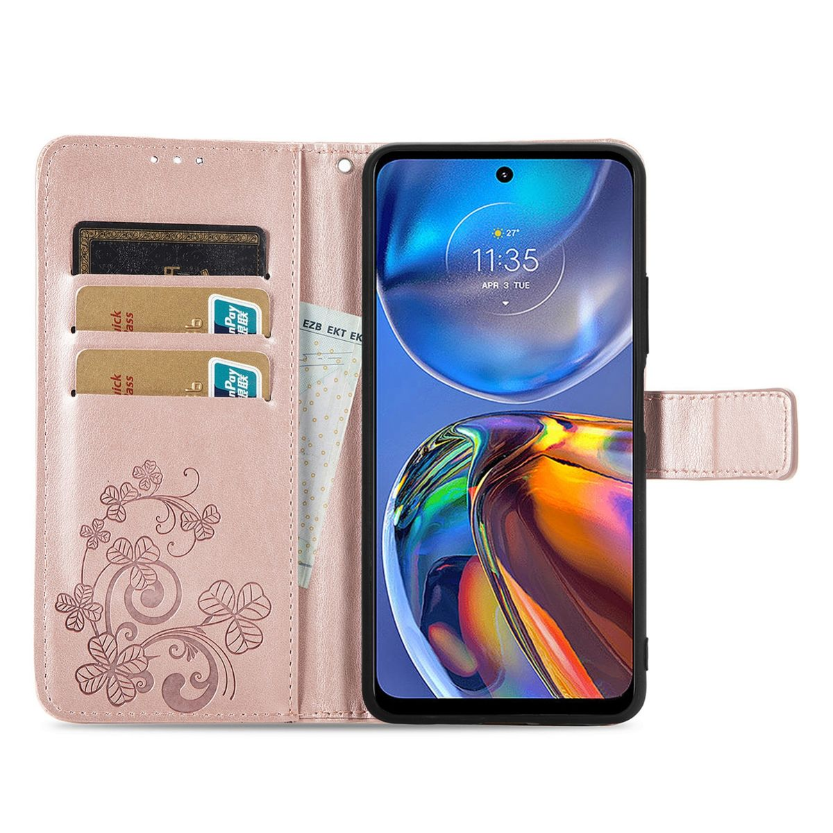 Offene rosa Handyhülle mit Karten und Bargeld. Telefon ist innen. Blumendesign. Anzeige zeigt 11:35, 3. April.