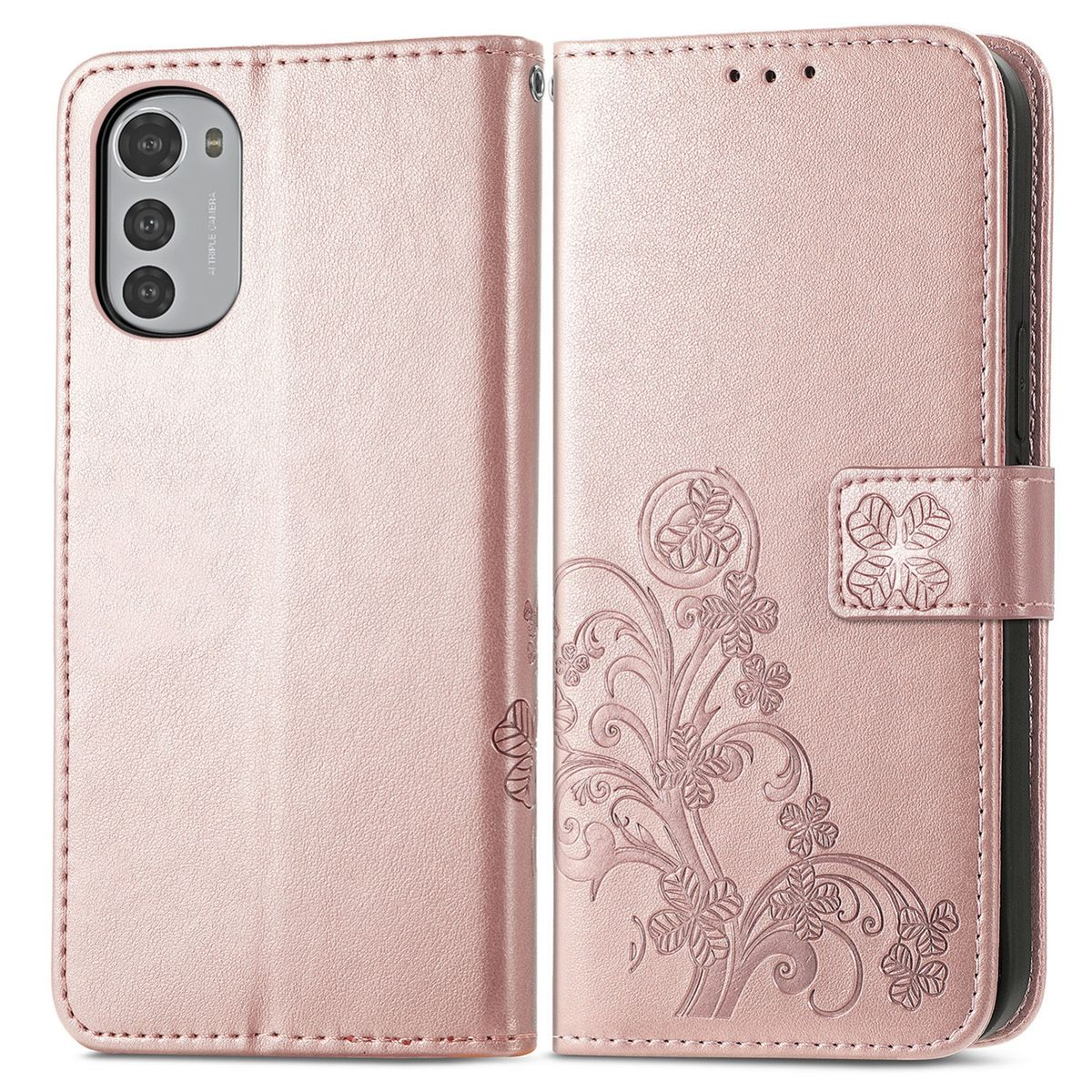Rosa Handyhülle mit floralem Design. Die Hülle ist offen und zeigt Kamera und Bildschirm.