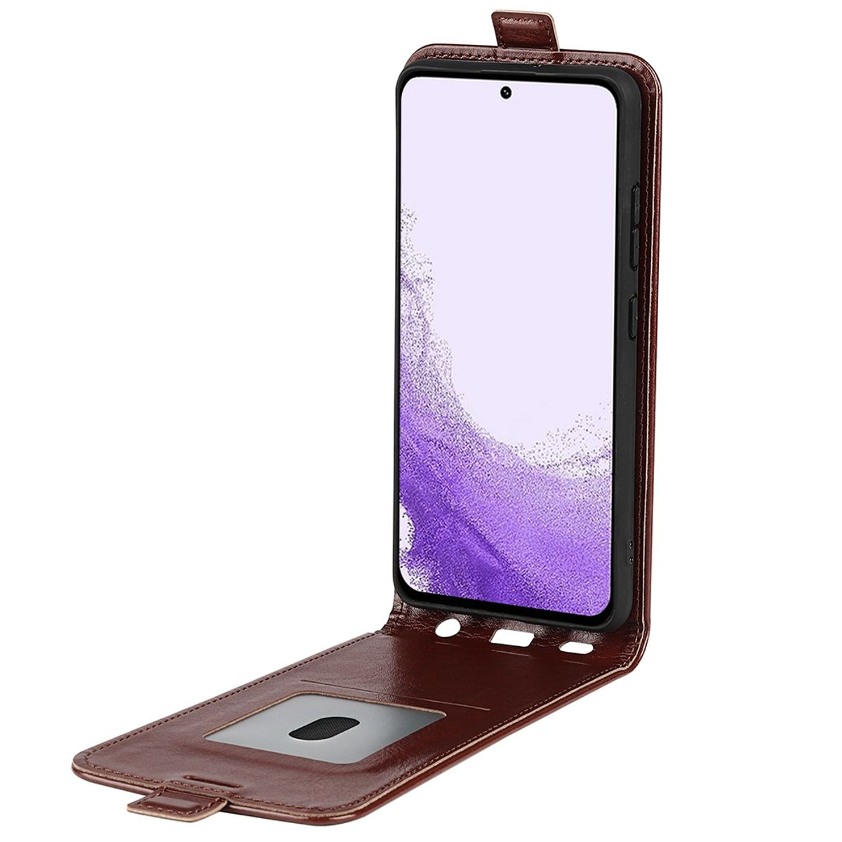 Braune Handyhülle, offen, mit Telefon innen. Das Telefon ist nach oben geneigt.