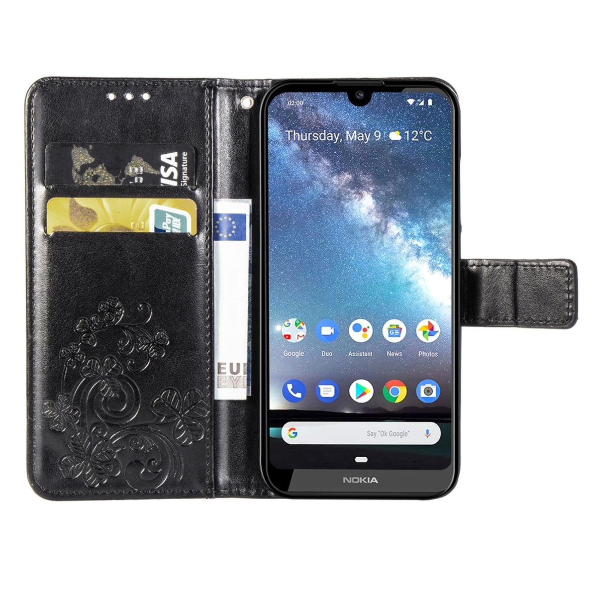 Schwarze Handyhülle geöffnet, mit einem Telefon, das Datum und Uhrzeit anzeigt. Kartenfächer sind sichtbar.