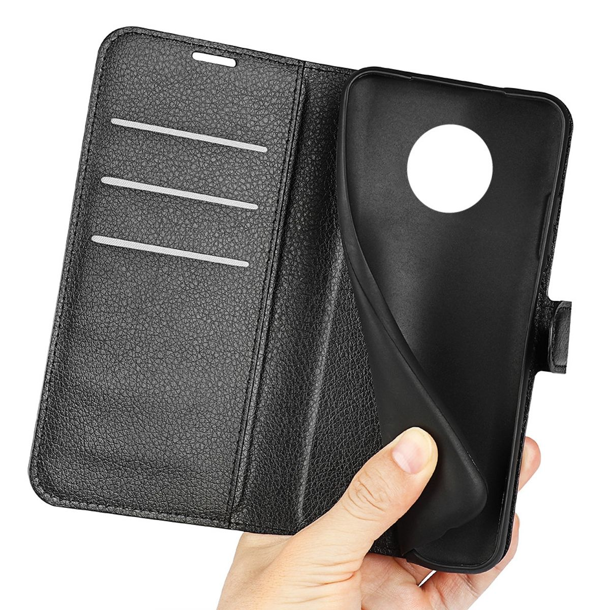 Eine schwarze Handyhülle, geöffnet, zeigt die Innenseite. Eine Hand hält das Telefon. Die Hülle ist lederartig.