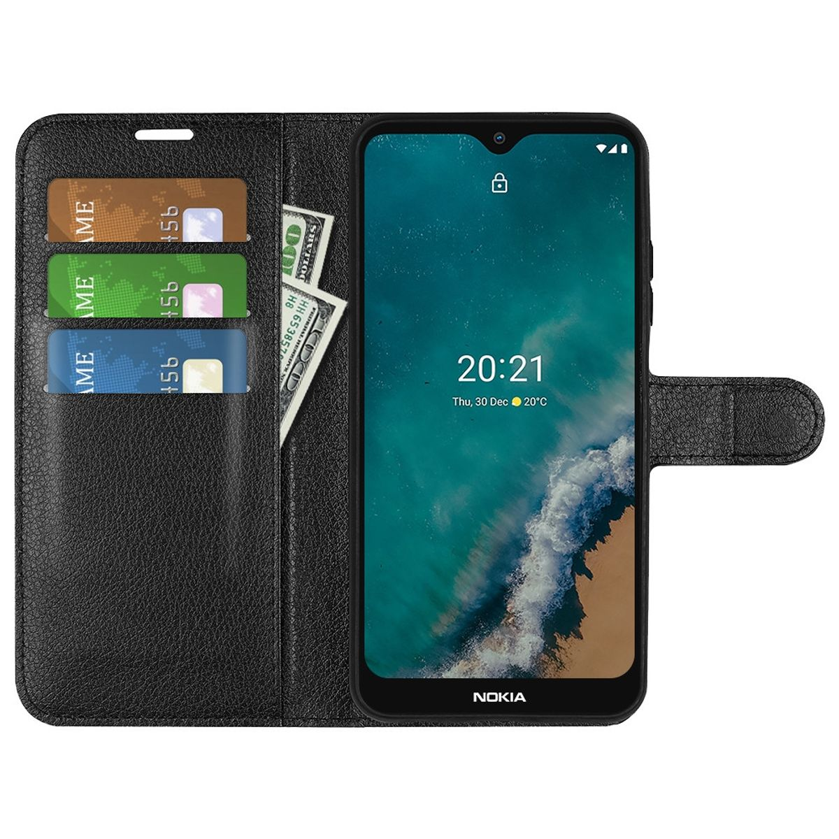 Geöffnete schwarze Handyhülle mit Kreditkarten, Bargeld und einem Telefon mit türkisblauem Bildschirm.