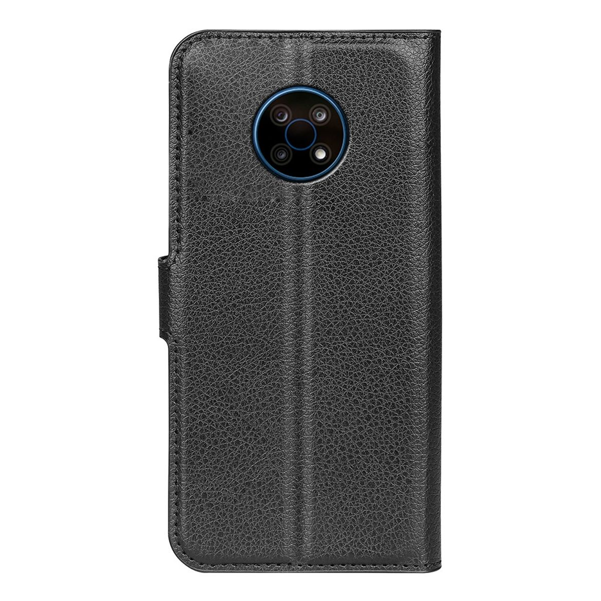 Schwarze Handyhülle mit Telefonkamera auf der Rückseite. Weißer Hintergrund.