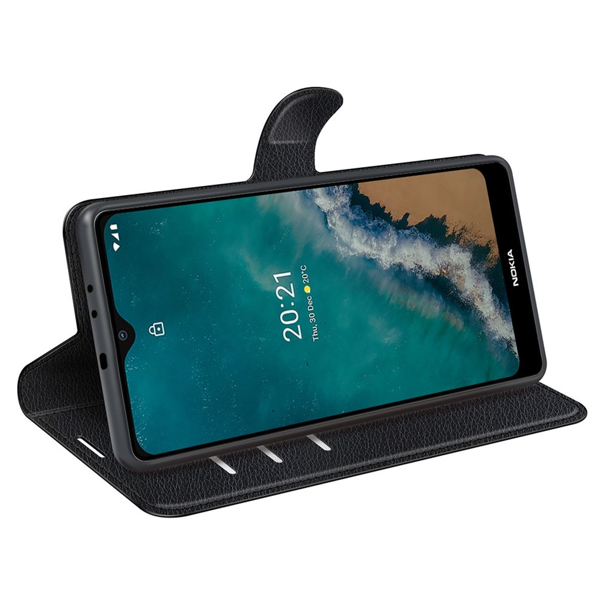 Schwarze Handyhülle mit Telefon, das Uhrzeit und Datum anzeigt. Das Telefon ist offen.