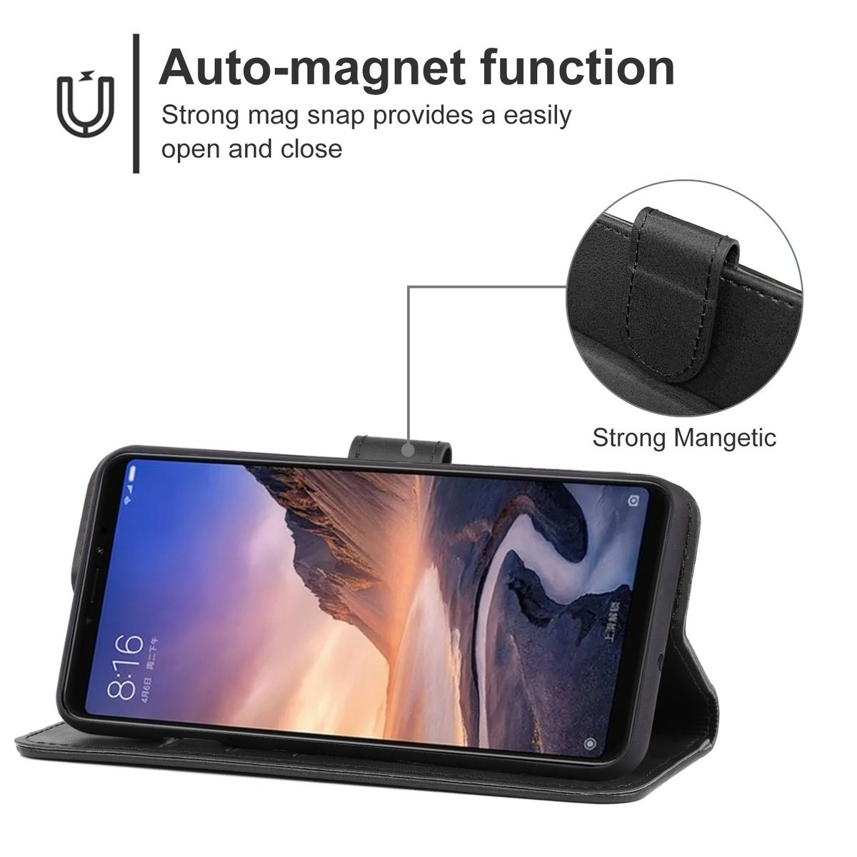 Schwarze Handyhülle offen. Telefon auf der Seite. Magnetverschluss. Weißer Hintergrund.