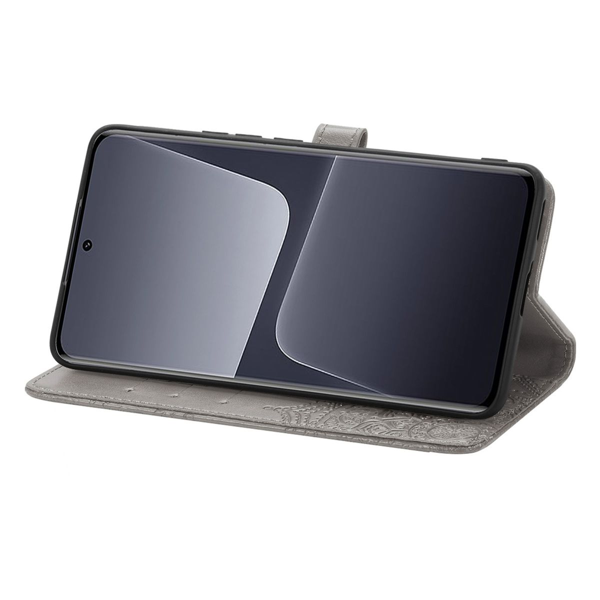 Geöffnete Handyhülle mit Telefon. Das Telefon zeigt ein helles Bild. Graue Hülle.