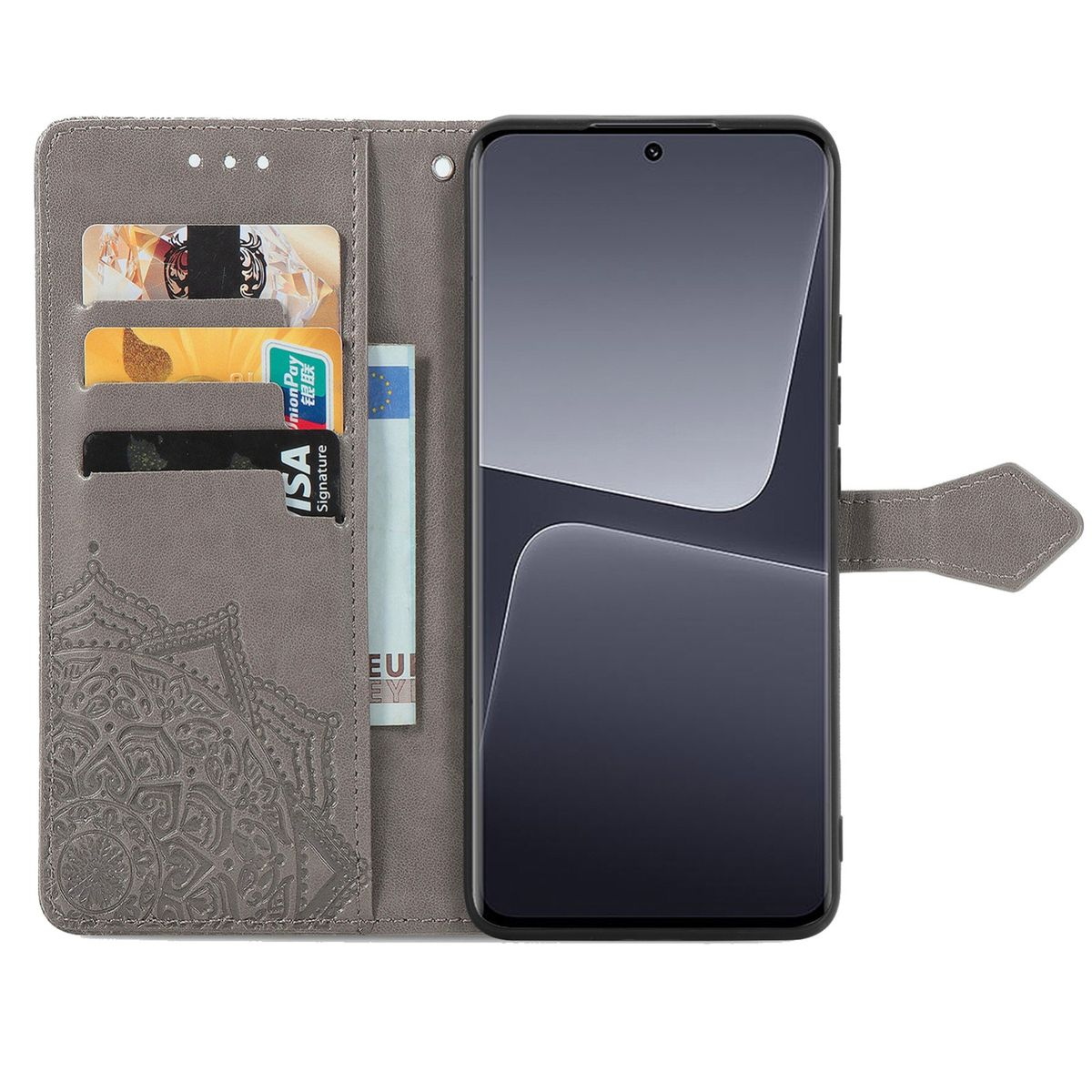 Graue Handyhülle offen, zeigt ein Telefon und Kartenfächer mit Karten und Geld im Inneren. Mit Muster verziert.
